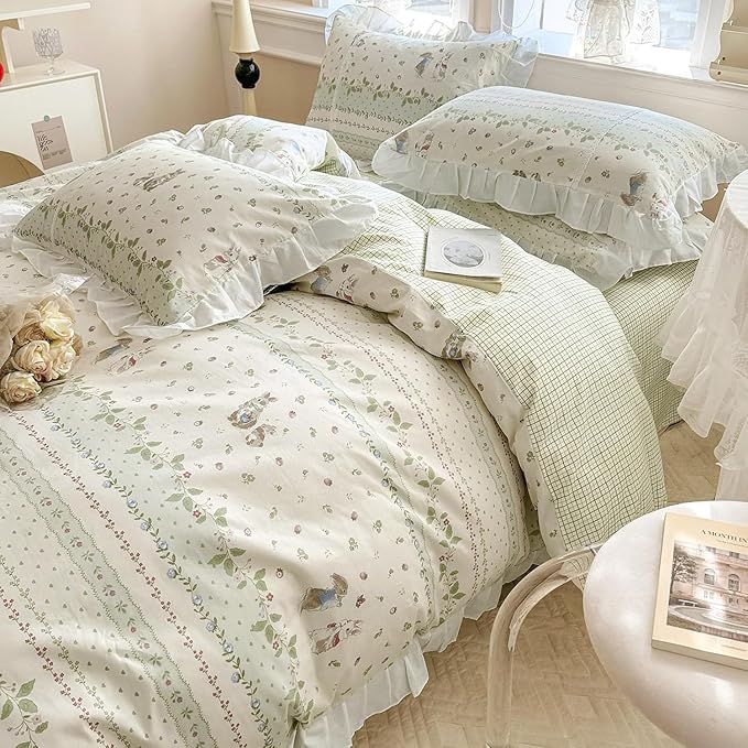 LifeTB Botanical Floral Comforter Set Full Size Cute Flower Leaves Rabbit Pattern Comforter Reversible Green Plaid Comforter Girls Princess Bedding Set Lace Ruffle Comforter Set for Kids Teen Girls