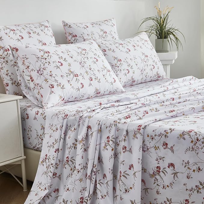 FADFAY Sheets Set Cal King Rustic Pink Floral Botanical Bedding 100% Egyptian Cotton Bed Sheet Set Soft Breathable for All Season Bedoom Decor with 17.7 Deep Pocket Fitted Sheet, California King Size
