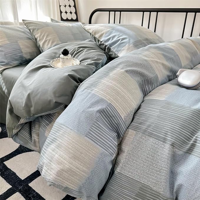 Farmhouse Twin XL Geometric Patchwork Comforter Set with Fluffy Plaid Striped Comforter and 2 Pillowcases for All Season Bedding