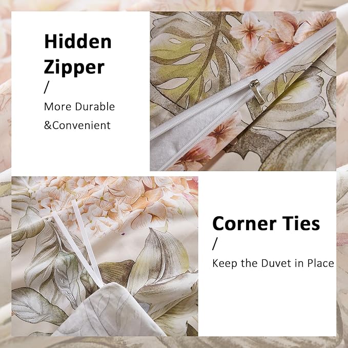 100% Cotton Duvet Cover Queen Size – Hydrangea Lily Floral Duvet Cover Set with Zipper Closure & Corner Ties, 3-Piece Silky Soft & Breathable Apricot Bedding Set for All Seasons