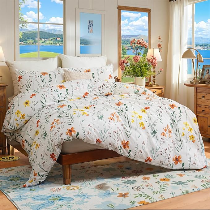Floral Duvet Cover King Size, 100% Nature Cotton 3 Pcs Garden Floral Aesthetic Bedding Set with Zipper Closure Ultra Soft&Breathable Cottagecore Botanical Duvet Cover Set