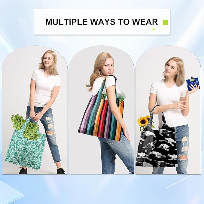 BeeGreen Geometry Reusable Grocery Bags 6 Pack, Heavy Duty Totes for Women, Foldable Grocery Bag Large Shopping Totes with Handles for Work, Travel, Gift, Store, Polyester Washable Reusable Tote Bag