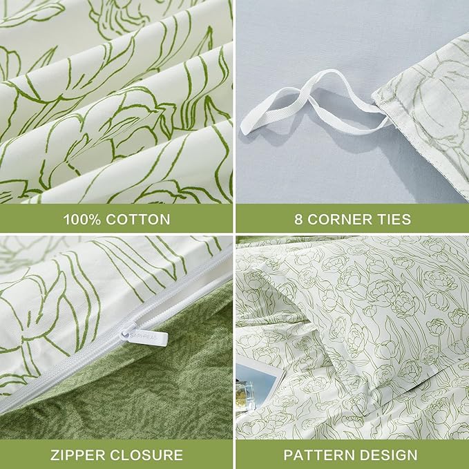 SAPHREAS Green Drawing Floral Duvet Cover Set King Size 3pcs Botanical Blossom White Bedding Comforter Cover Set 100% Cotton 1 Duvet Cover 104"x90" 2 Pillow Shams, Comforter Not Included