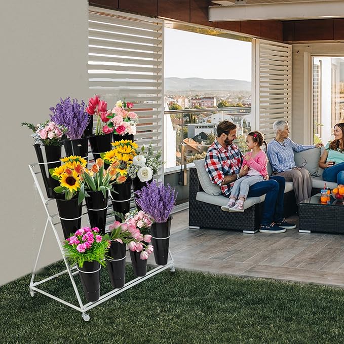 Flower Display Stand with Buckets, 3 layers Metal Plant Stand with Wheels, Moving Florist Bouquet Shelf for Fresh Shop, for Patio Garden, Outdoor Flower Pop-Up Events (Black Frame - White Bucket)