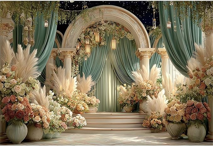 Baocicco Flower Wedding Backdrop 7x5ft Dreamy Fantasy Arch Door Roman Column Background Bride to Be Bridal Shower Decorations Anniversary Ceremony Backdrops for Photography Banner Photo Booth