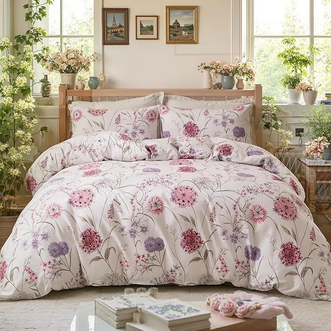 Bedding_Dreamer Queen Floral Comforter Set 100% Cotton Comforter 3 Pcs Red Pink Flower Bedding Set Lightweight Soft Reversible Bedding for All Season