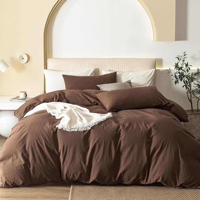 JIYUAN 100% Washed Cotton Duvet Cover Set 3 Pieces Full, 1 Duvet Cover 80x90 Inches(Comforter Not Included) and 2 Pillowcases,Linen Feel Bedding Set Comfy and Breathable,Chocolate Brown