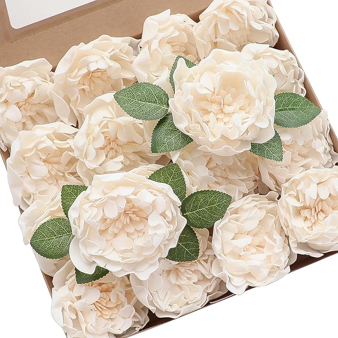 Floroom Artificial Flowers 16pcs 4" Cream Blooming Peonies Real Looking Foam Fake Peony with Stems for DIY Wedding Bouquets Bridal Shower Centerpieces Floral Arrangements Party Tables Home Decorations