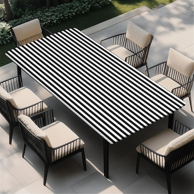 Rectangle Table Cloth Cover Waterproof Elastic Fitted Polyester Fitted Tablecloths for 8 Foot Tables for Indoor,Picnic, Camping, Outdoor （96" x 30"，Stripe）
