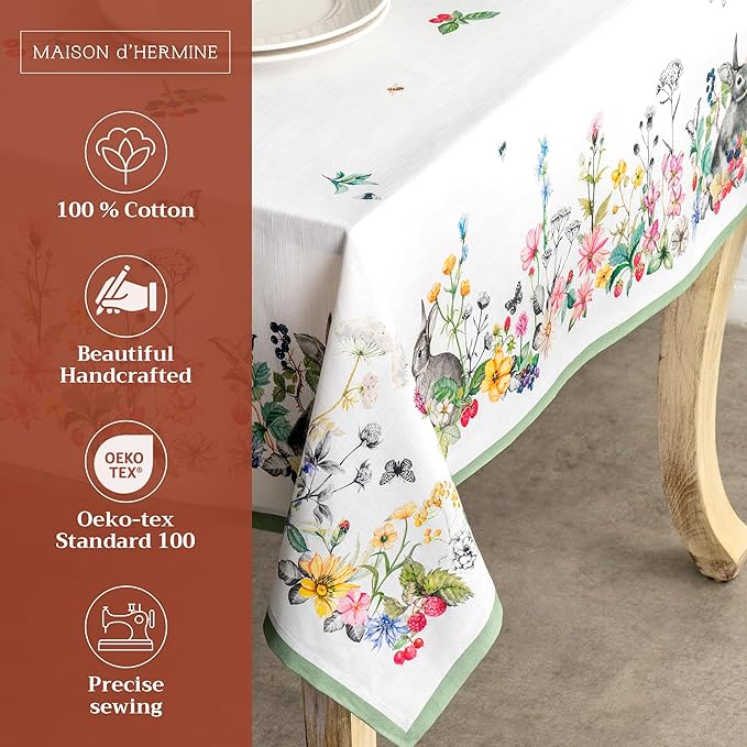 Maison d' Hermine Table Cloth Rectangle Table 100% Cotton 60 x 90 Inches Tablecloth Reusable Decorative Everyday Use for Dining Room, Farmhouse, Home Party, Festive & Wedding Spring Summer - Printemps