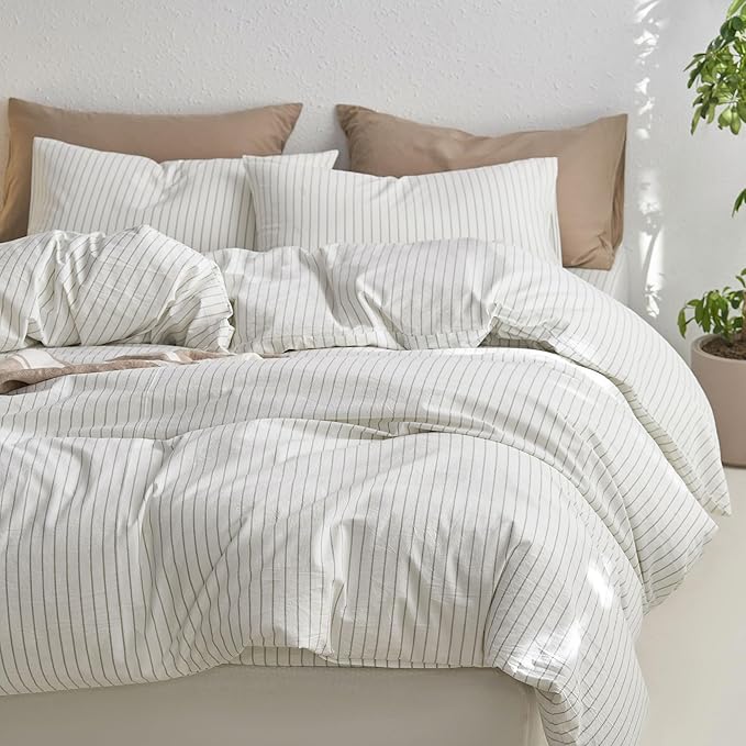 MooMee Striped Duvet Cover Set 100% Washed Cotton Linen Like Textured Breathable Durable Soft Comfy (White Sage Green Wide Stripes, King 104"x90")