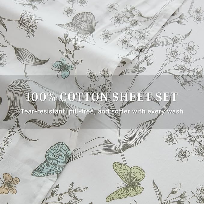 100% Cotton Sheet Set King Size – 4-Piece Chic White Floral Bedding Set, Soft Breathable Percale Weave, Deep Pocket Fitted Sheet 17.5", Crisp Cool Feel, Refined Botanical Elegance