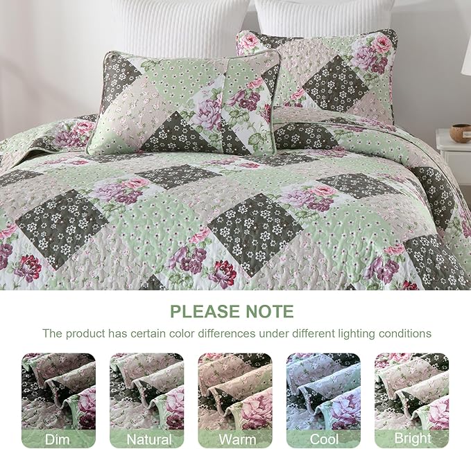 Dinjoy Green Quilt Set Queen Size, Reversible Floral Plaid Patchwork Pattern Bedding Set Soft Microfiber Lightweight Bedspread Coverlet 3 Piece Spring Summer Use (90x96 inches)