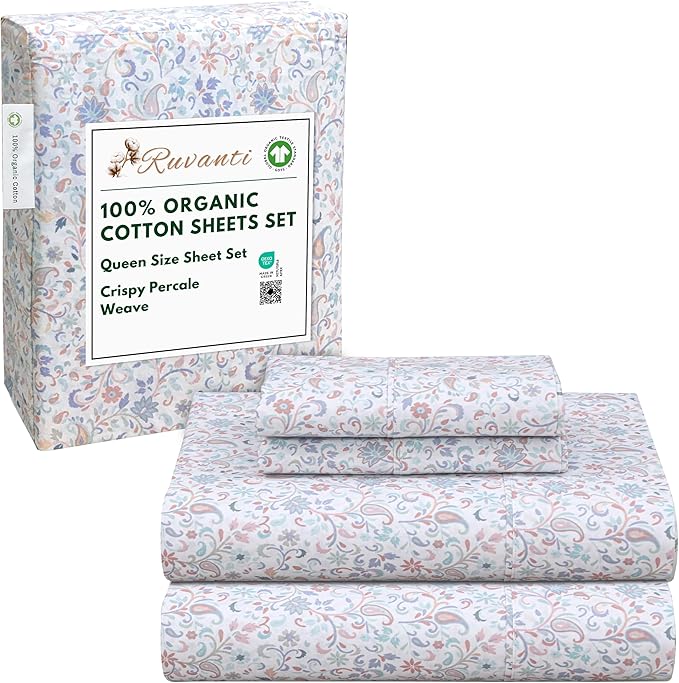 RUVANTI 100% Organic Cotton Sheets Queen Size, Percale Weave, GOTS Certified, 4-Piece Set, Deep Pocket 15", Crisp & Breathable, Soft Durable Bedding, Sábanas Algodón Orgánico – Multi Paisley