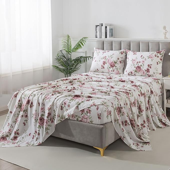 FADFAY Beige Vintage Floral Twin Size Sheets Set Premium 100% Cotton Shabby Brick Red Rose Pattern Bedding Set Deep Pocket Sheets with 2 Pillowcases Luxury Breathable Soft 4Pcs, Twin Size