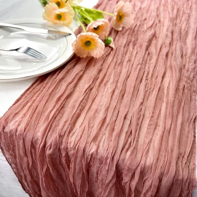 Booque Valley Dusty Blush Cheesecloth Table Runner 10ft Super Soft Boho Wrinkled Gauze Sheer Cloth for Baby Shower Baptism Birthday Party Wedding Centerpiece Table Decoration, 35x120 Inch