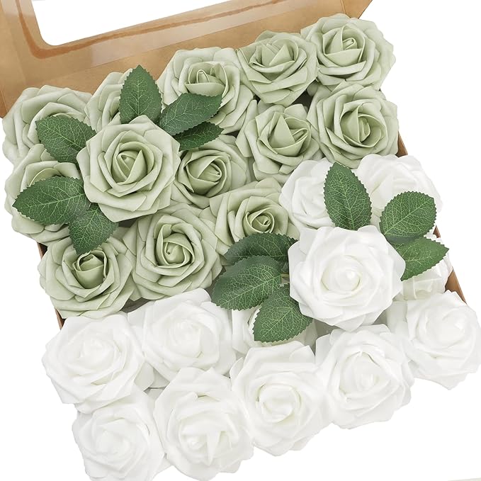 Artificial Flowers, 100pcs Artificial Rose for DIY Wedding Bouquets Centerpieces Arrangements, Sage Green and White Fake Flowers with Stemations
