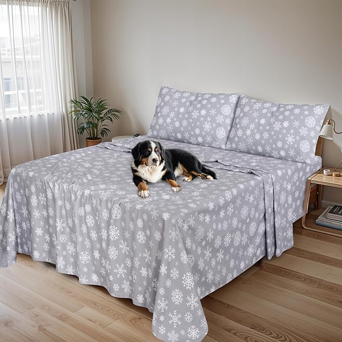 RUVANTI Flannel Sheets Full Size - 100% Cotton Double Brushed Bed Sheets Set, Deep Pockets 16 Inches, All Seasons Breathable & Extra Soft Full Sheets, Warm & Cozy, 4 Piece, Snowflakes