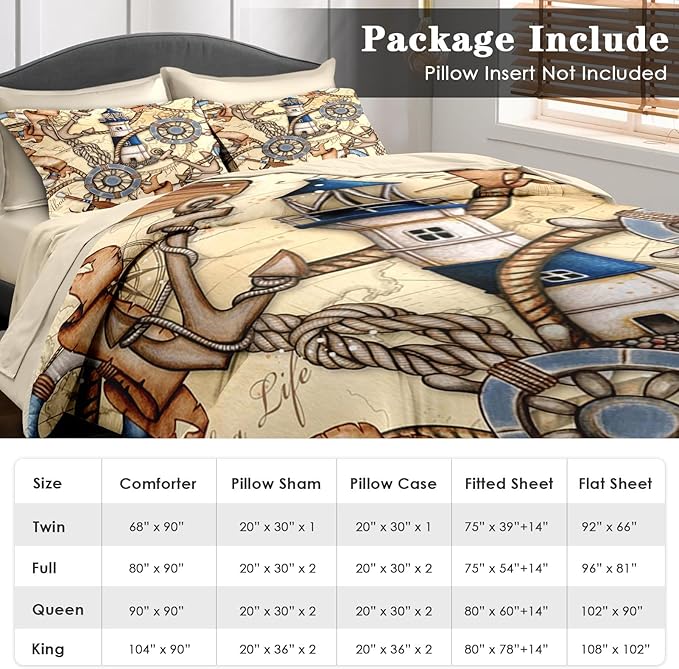 Comforter Set Full Size, Retro Nautical Lighthouse Map 7 Pcs Bedding for Kids and Adults, Vintage Anchor Beige Bed Sheet Sets with Fitted Sheet 2 Pillowcase & 2 Sham for Bedroom Bed Decor