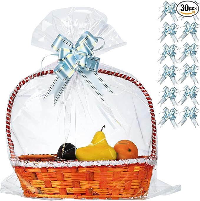 30 Packs 32” x 40” Gift Wrap Cellophane Bags for Basket Extra-large Jumbo Clear Cellophane Wraps Clear Huge Cello Bags for Basket, Gift, Christmas Tree, Treat, Art and Craft, 30ct Blue Ribbon Bows