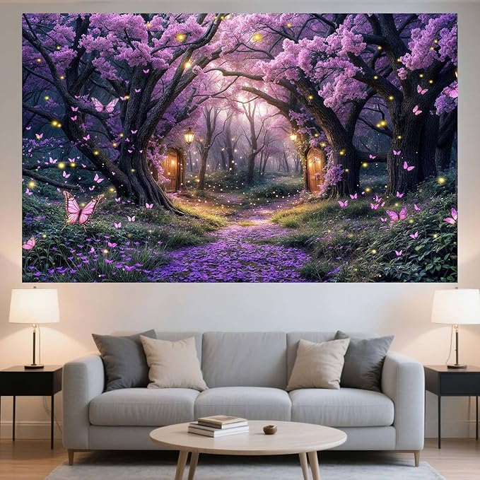 10X8ft Enchanted Forest Backdrop Fairy Tale Purple Wonderland Garden Tree House Floral Butterfly Photography Background for Kids Girl Baby Shower Birthday Party Decoration Banner Booth Props
