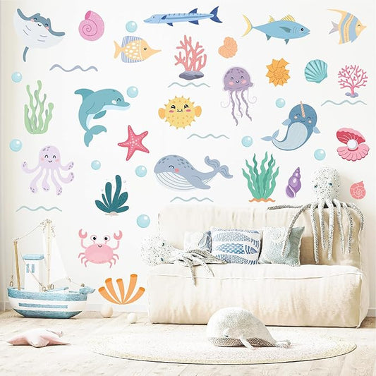 AOWDIAO 58 Pcs Ocean Animals Wall Decals - Peel and Stick Under The Sea Kids’ Room & Nursery Decor