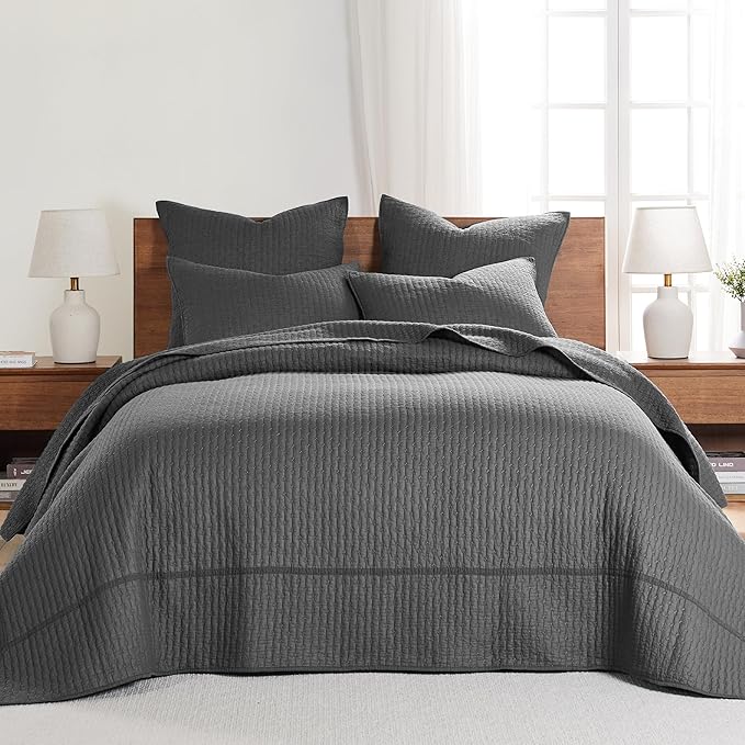 Levtex Home Cross Stitch Reversible Twin Bedspread Set (84x104in) with 1 Pillow Sham (26x20in) - Stitch Texture - Charcoal - Cotton Twin Size Bedspread Set - Lightweight, Soft, Pre-Washed
