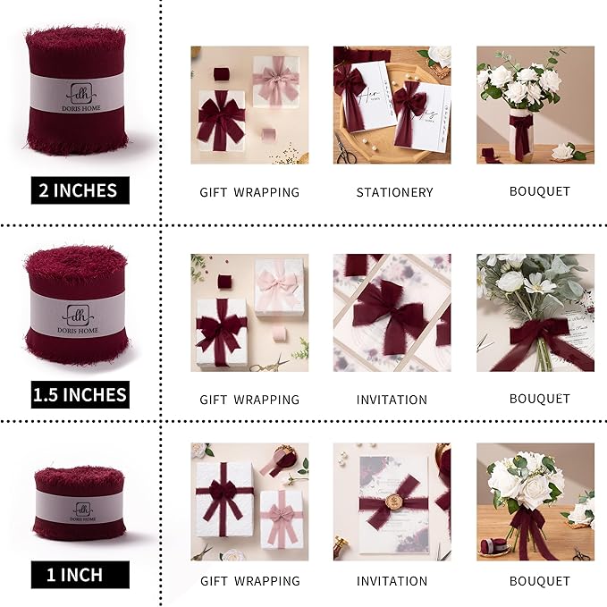 DORIS HOME Burgundy Chiffon Ribbon for Flower Bouquet, 1" x21Yd Fabric Ribbon for Gift Wrapping, Handmade Frayed Ribbon for Wedding Invitations/Christmas Decorations