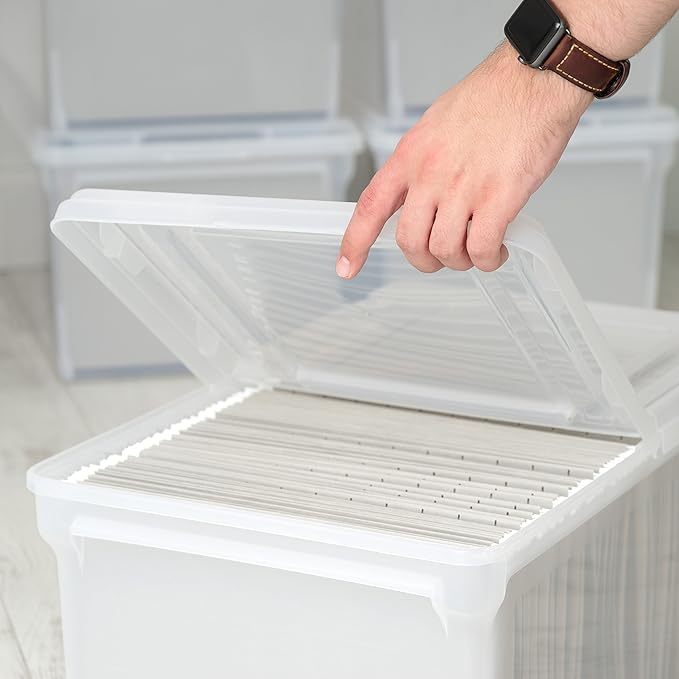 IRIS USA File Box File Organizer w/ Hinged Split Latching Lid for Letter/Legal File, Water Resistant Document Box, BPA-Free, Plastic Storage Bin Tote Organizer, Stackable, Nestable, Clear 44 Qt. 5Pack