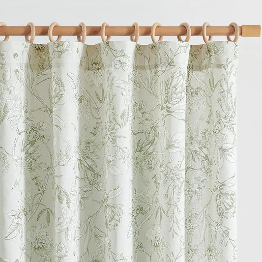jinchan Floral Curtains 84 Inches Long Sage Green Flower Linen Farmhouse Curtain for Living Room French Country Vintage Curtain Rod Pocket Curtains Set 2 Panels Floral Printed