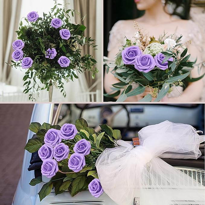 Artificial Flowers Roses Real Looking Foam Fake Roses with Leaves and for DIY Wedding Bouquets Bridal Shower Centerpieces Party Decorations (Lilac, 200)