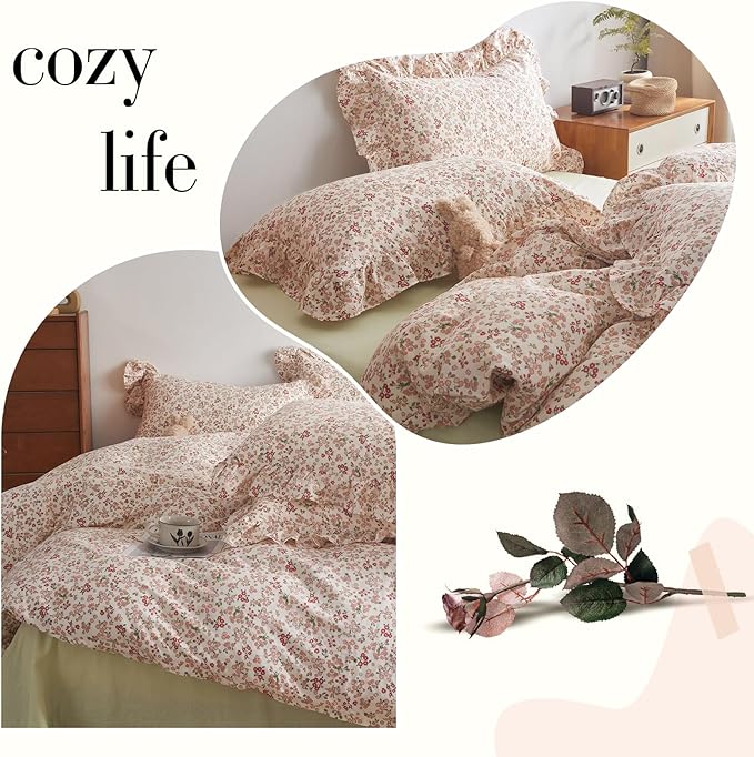 Girls Duvet Cover Pink Red Flower Duvet Cover 100% Cotton Floral Comforter Cover Vintage Boho Floral Bedding Set Queen Botanical Cottagecore Comforter Cover Queen Duvet Cover with Ruffle Pillowcases