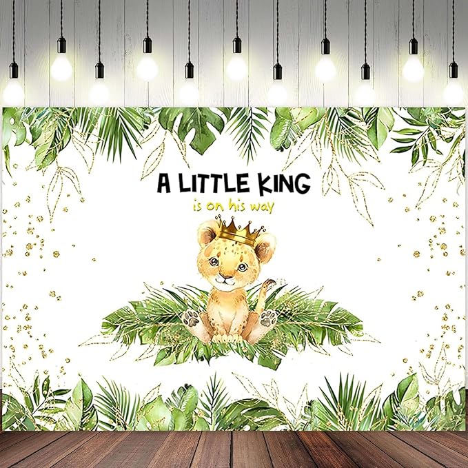 6x4ft Baby Shower Backdrop A Little King is On His Way Photography Background Lion Crown Jungle Forest Green Leaf Kid Birthday Party Banner Decorations Newborn Portrait Photo Booth Prop