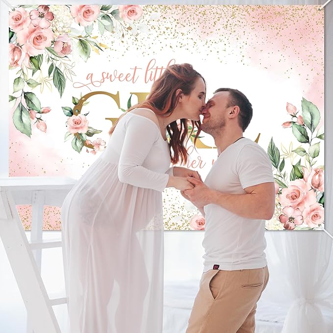Avezano Girl Baby Shower Backdrop Pink Floral Sweet Baby Baby Shower Banner A Sweet Little Girl is on Her Way Party Decorations Banner (8x6ft)
