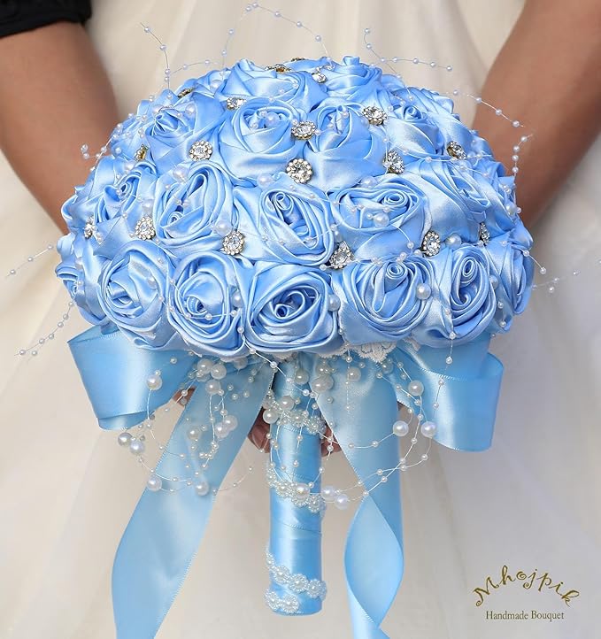 Bridal Wedding Bouquet Round Bling Brooch Bouquet Throw Toss Artificial Rose Flower Bunch for Bride Bridesmaid Wedding Quinceanera(Light Blue, 9.8")