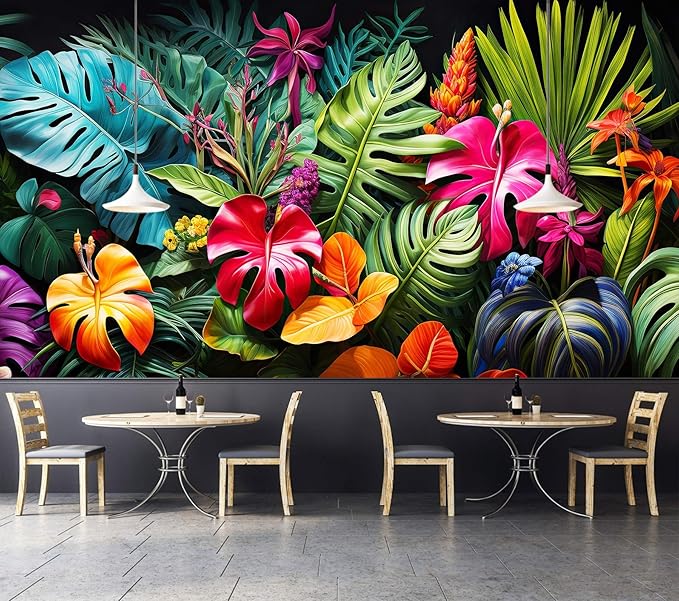 Tropical Botanical Leaf Wallpaper Colorful Jungle Palm Leaves Wall Mural for Living Room Bedroom（Not Peel and Stick）