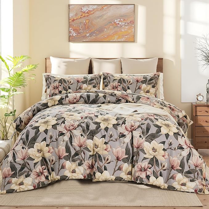 Bedding_Dreamer Floral Comforter Set Queen, 100% Cotton, Elegant Flowers Botanical Bedding Set Colorful Watercolor Cute Flower and Leaves Shabby Chic Cottage, 4 Pcs