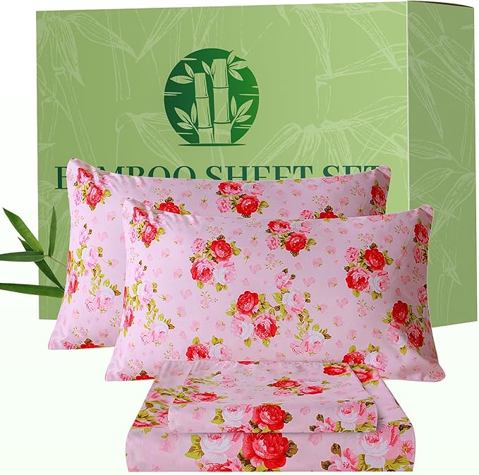 Bedlifes Full Floral 4-Piece Sheet Set - Cooling Sheets Blend Rayon Derived from Bamboo,Soft & Breathable, Deep Pocket 16", Wrinkle Resistant - Vibrant Boho Floral in Rose Pink