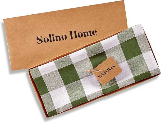 Solino Home Linen Checkered Table Runner 108 Inches Long - 100% Pure Linen Olive and White Buffalo Check Table Runner 14 x 108 Inch Ideal for Dining, Spring, St Patricks Day, Easter