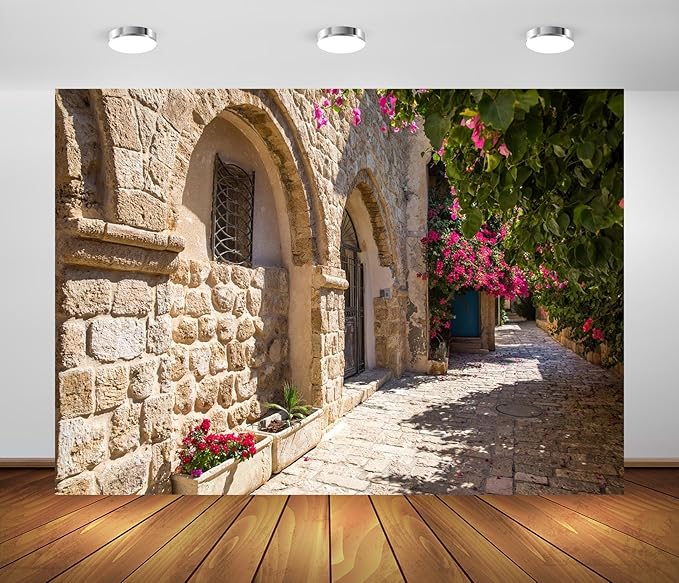 10x6.5ft Fabric Old Stone Street Backdrop Jerusalem Ancient Narrow Street with Blooming Flowers Israel Background Ancient Stone Wall Backdrop Photoshoot Studio Props