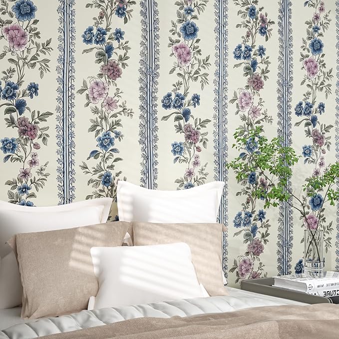 Vintage Floral Wallpaper Peel and Stick Boho Wallpapers 17.5in x 9.8ft Blue/Beige Floral Wall Mural Vinyl Removable Self Adhesive Nursery Modern Wallpaper for Bookshelf Cabinets Bathroom Walls