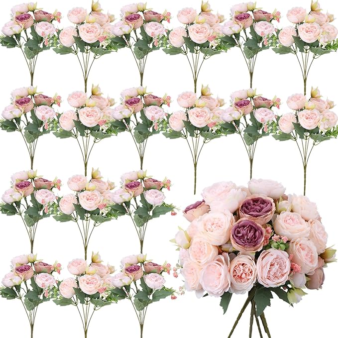 Geosar 24 Bundles Artificial Peonies Flowers Fake Silk Peony Bouquet Faux Peonies Flowers Bulk for Decoration Vase Floral Arrangements Wedding Party Table (Dusty Rose,Champagne Pink)
