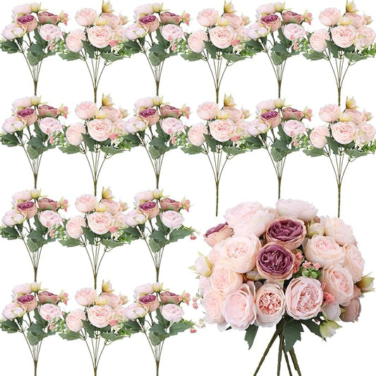 Geosar 24 Bundles Artificial Peonies Flowers Fake Silk Peony Bouquet Faux Peonies Flowers Bulk for Decoration Vase Floral Arrangements Wedding Party Table (Dusty Rose,Champagne Pink)