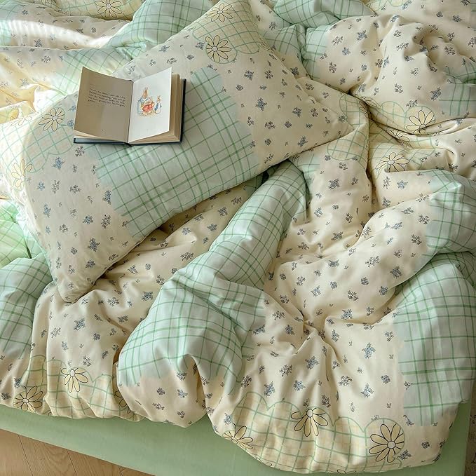 LifeTB Muslin Cotton Duvet Cover Set Full Size Vintage Style Floral Duvet Cover Soft Breathable Comforter Cover Farmhouse Flower Plaid Bedding Set Linen Feel Gauze Comforter Cover with Zipper Closure