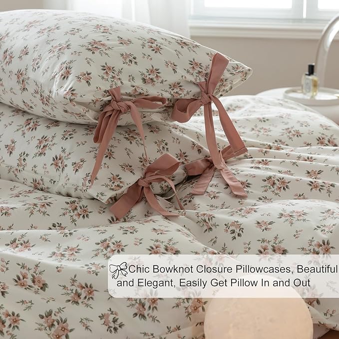 EAVD Pink Flower Duvet Cover Twin Soft 100% Cotton Chic Shabby Pink Floral Cottagecore Bedding Set with 2 Pillowcases Vintage Style Peach Floral Comforter Cover with Zipper Closure