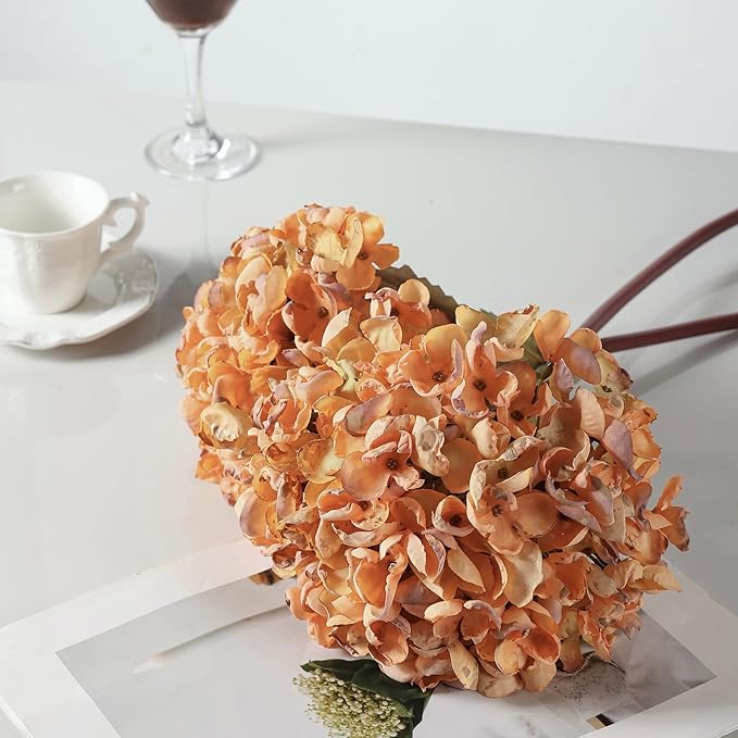 Fall Artificial Dried Hydrangea Flowers, Vintage Orange Dried Look, Faux Fall Flowers, Single Stem (Orange, 4pcs)