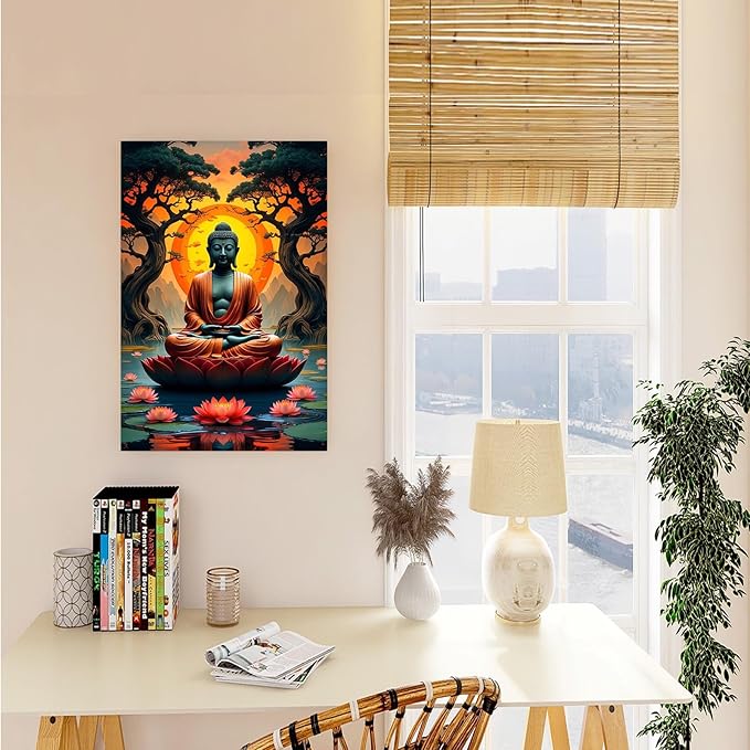 Canvas wall art Golden Buddha on lotus at sunset Ancient trees with reflections on water Serene meditation scene Uplifting wall art for mindfulness and tranquil home decor 12x18in Frameless