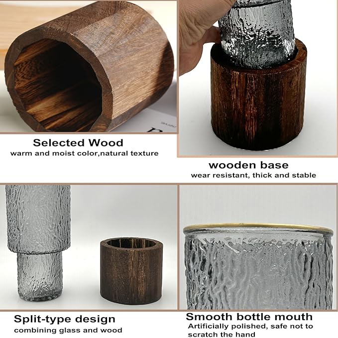 10 Inch Large Artistic Wood Base Glass Cylinder Flower Vase, Ins Modern Boho Water Wave Style for Home Kitchen Fireplace Office Desks, Houses, Garden Decorations