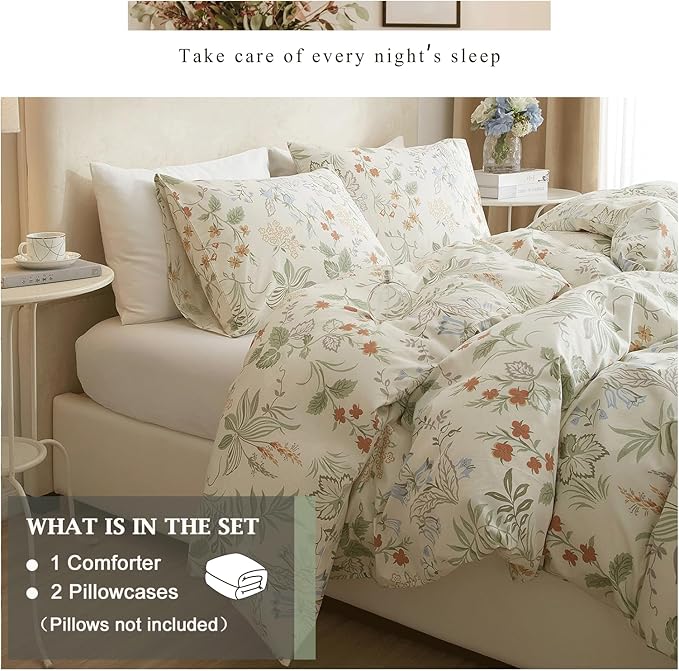 VM VOUGEMARKET Green Floral Comforter Set Full 3 Pcs Vintage Red Flower Down Comforter with 2 Pillowcases All Season Soft Fluffy & Lightweight Comforter Set for Girls Women 80"x90"