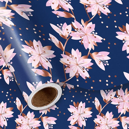 LeZakaa Floral Wrapping Paper Roll, Pink Sakura Blossoms Design for Wedding, Bridal Shower, Anniversary, Mother's Day, Birthday, Spring Holiday, Mini Roll, 17 In x 32.8 Ft